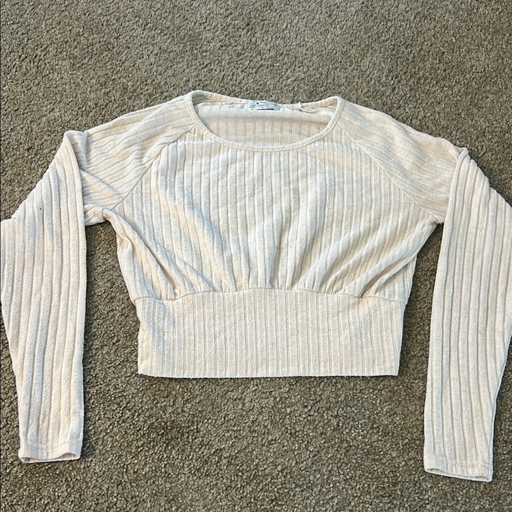 Cream Ribbed Long Sleeve Top